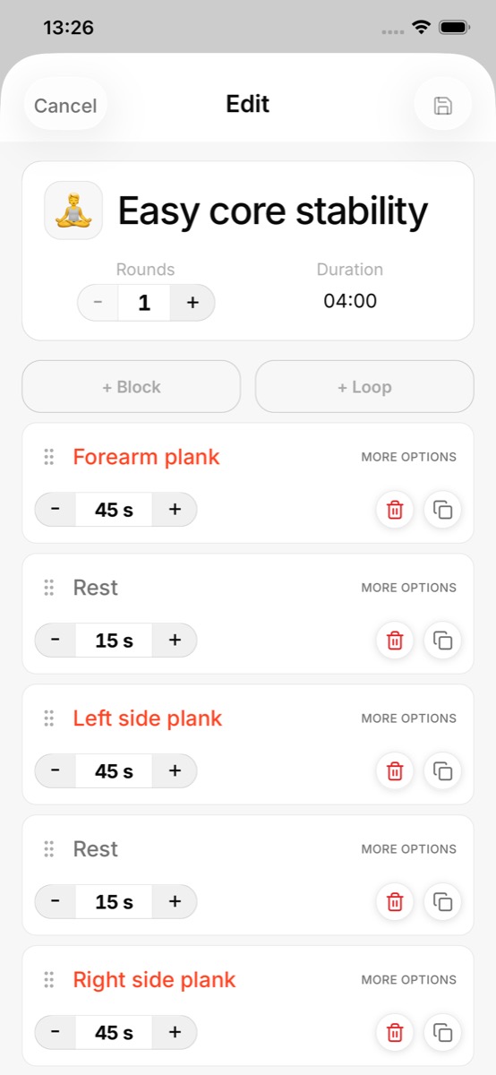 Bloc workout editor screen for configuring interval sequences.