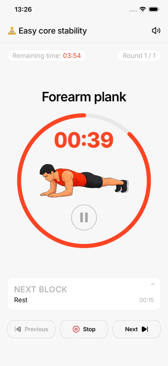 Bloc active workout timer screen with countdown and exercise state.