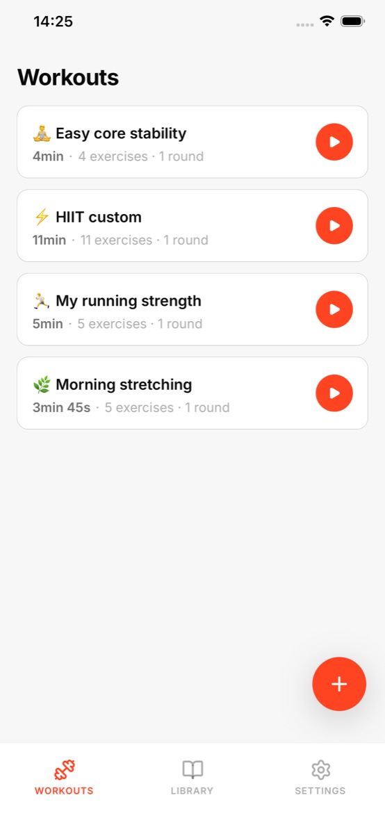 Bloc workout list screen showing saved interval workouts.
