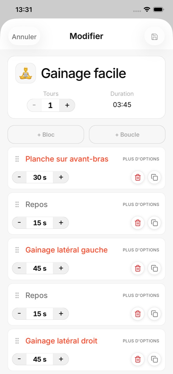 Ecran Bloc d'édition pour configurer des séquences d'intervalles.
