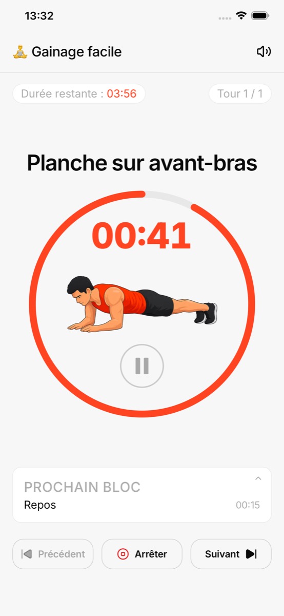 Ecran Bloc de timer actif avec compte à rebours et exercice en cours.