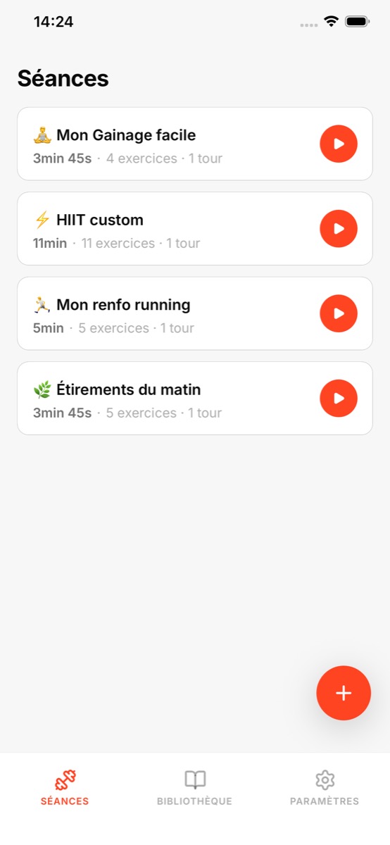 Ecran Bloc listant les entraînements d'intervalles sauvegardés.