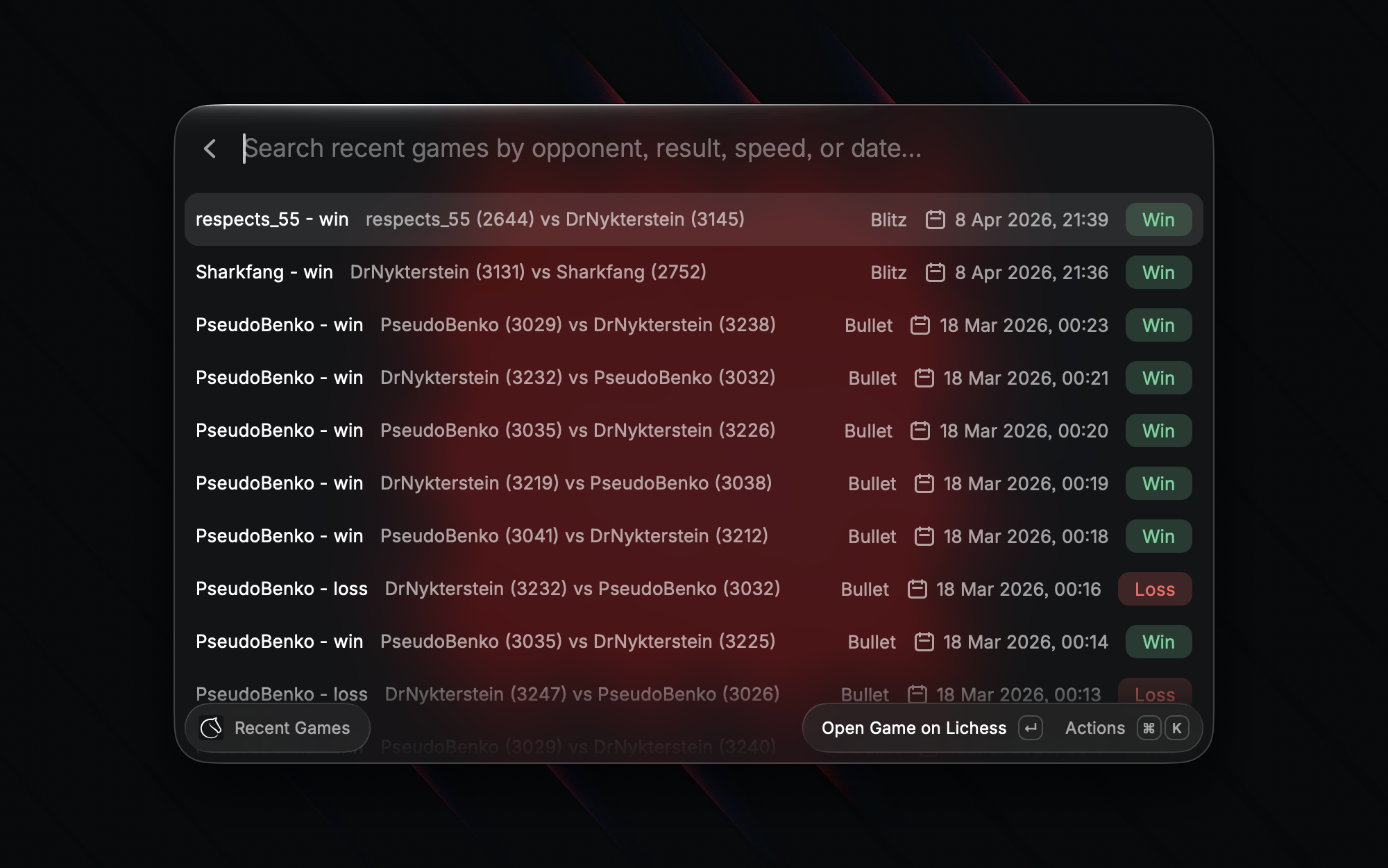 Lichess command listing recent Lichess games in Raycast.